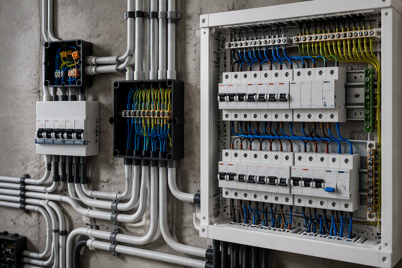 Quadri elettrici con interruttori, cavi colorati e scatole di derivazione collegati da tubi a parete.