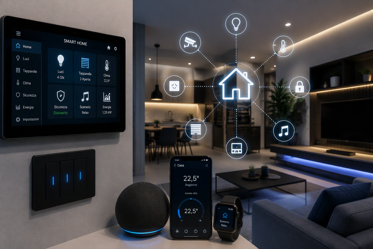 Pannello domotico, smartphone, smartwatch e altoparlante intelligente in soggiorno moderno con icone dei dispositivi connessi.